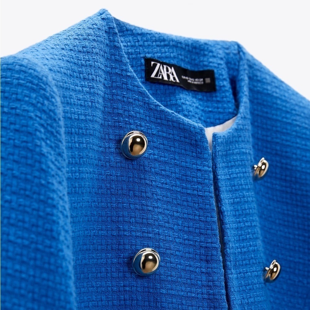 Zara Women Blue High Neck Double Breasted Textured Tailored Cotton Blazer Size M - Picture 9 of 17